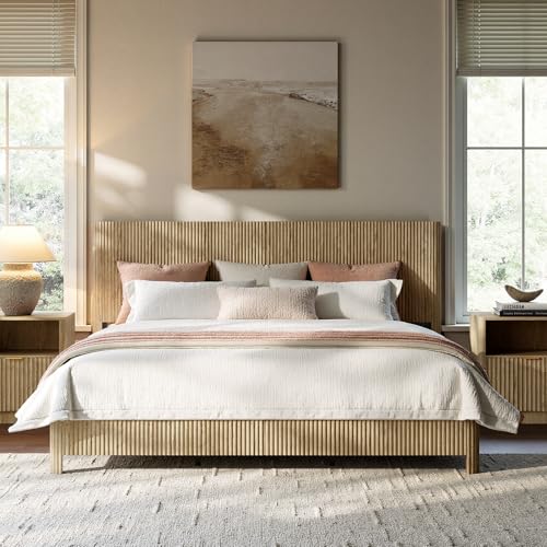 Image of Evermagin Oak King Bed Frame with Headboard, Mid Century Modern Fluted Platform Bed, Boho Wooden Bed Base No Box Spring Needed, Wavy Grooved Panel