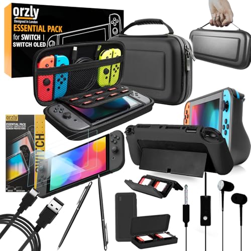Switch Accessories Bundle – Orzly Essentials Pack for Nintendo switch OLED Case & Screen Protector , Grip Case, Games Holder, Headphones – Classic Black Edition