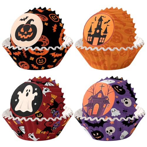 MOMAHUA 200 Pezzi Pirottini Halloween,Cupcake per Muffin Carta,Mescola 4 Modelli Fantasma,Pipistrello,Zucca Decorazioni Cake Halloween Feste,Misura Standard