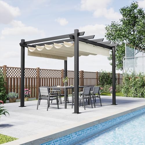 Devoko Pergola Bioclimatica 3x3m, Pergolas de Jardin, con Fijaciones Magnéticas y Zona de Sombra Ajustable, Cenador Pergolas de Aluminio, Adecuada para Escenarios como Jardines y Patios, Beige