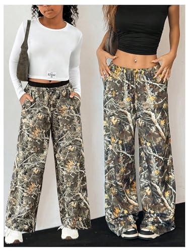 Milumia Girl's Camo Print Elastic Waist Trousers Straight Wide Leg Baggy Pants3