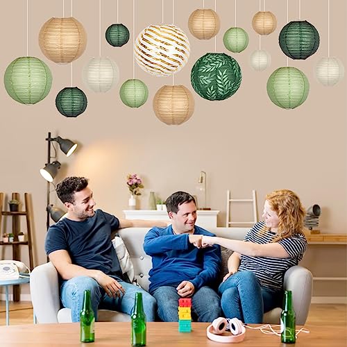 Image of 16-Pack Chinese Paper Lanterns, Sage Green Brown Party Decorations | 4 /6 /8 /10 /12-Inch Hanging Lanterns with Olive Leaf and Foil Stripes for Jungle Themes, Birthdays, Weddings and Baby Showers