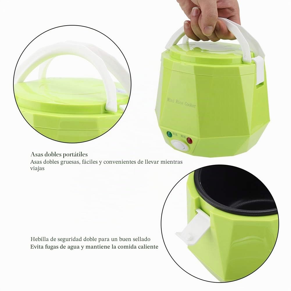 1.3L 12V 100W Olla arrocera eléctrica Caja Mini USB Olla arrocera Extraíble de grado alimenticio Doble hebilla de seguridad Cocine arroz Para uso de automóviles (Green)