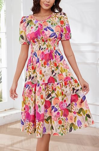 Image of Kormei Women Summer Casual Boho Floral Round Neck Short Sleeve Smocked Waist Tiered Flowy Swing Midi Dress
