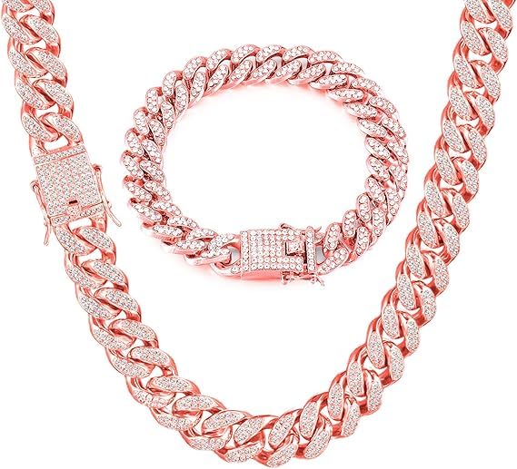 Cuban Link Chain for Men,Silver Necklace and Bracelet,Miami Cuban Chains,Bling Diamond Chain for Hip Hop Jewelry
