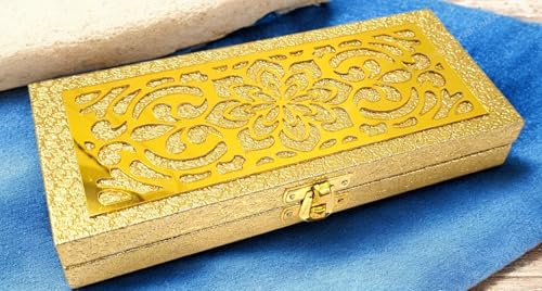 Image of SHAKTISM Golden Flower Decorative Cash Box, Shagun, Jewellery Money Envelop Wedding, Gift, Bangel Box (Pack of 1Pc) (Antique Style, Rectangular, One Size, 20x8.5x3 cm, 80g, Hook and Loop Closure)