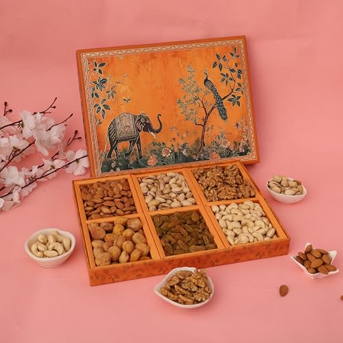 Image of Riwaz Premium EL Orange Designer Dry Fruit Gift Box | 6 Partition Assorted Almonds, Cashews, Pistachios, Walnuts, Raisins & Apricots | Luxury Festive Hamper for Diwali, Wedding & Corporate Gifting