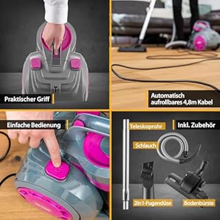 TZS First Austria Beutelloser Staubsauger | 800W HEPA Filter für Allergiker | 4,8m Kabellänge | für Hart- und Teppichböden| 2L | lila/grau