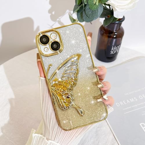 Image of SHINESTAR 3D Butterfly Case for iPhone 14, Cute Girly Glitter Bling Luxury Back Cover for Women Girls Protective Shockproof Slim Camera Protection (for iPhone 14 - Gold