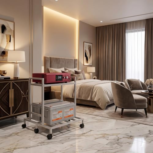 Image of Inverter Trolley for Home 2-Tier Double Battery Stand with Wheels - Heavy Duty White Metal UPS Trolley for Inverter & Battery Storage, Durable & Space-Saving Design (Silver)
