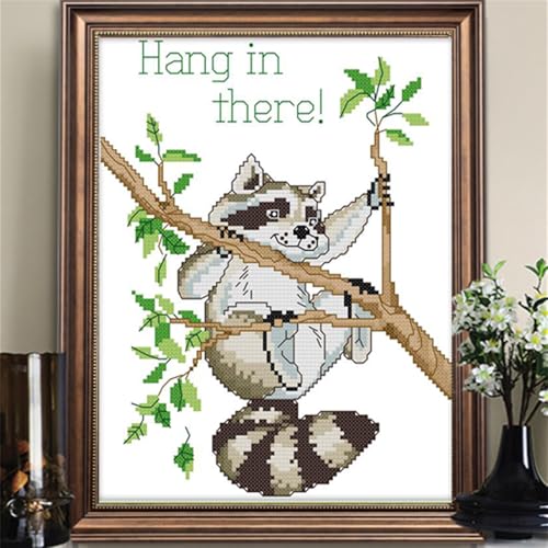 Image of JOYSEWING Raccoon Stamped Kits Cross Stitch for Adults 11CT Pre Printed Fabric Needlepoint Kits Embroidery Kits for Beginners Cute DIY Handmade - (Hanging and Thinking (Printed)) 10.6x14.2 inch