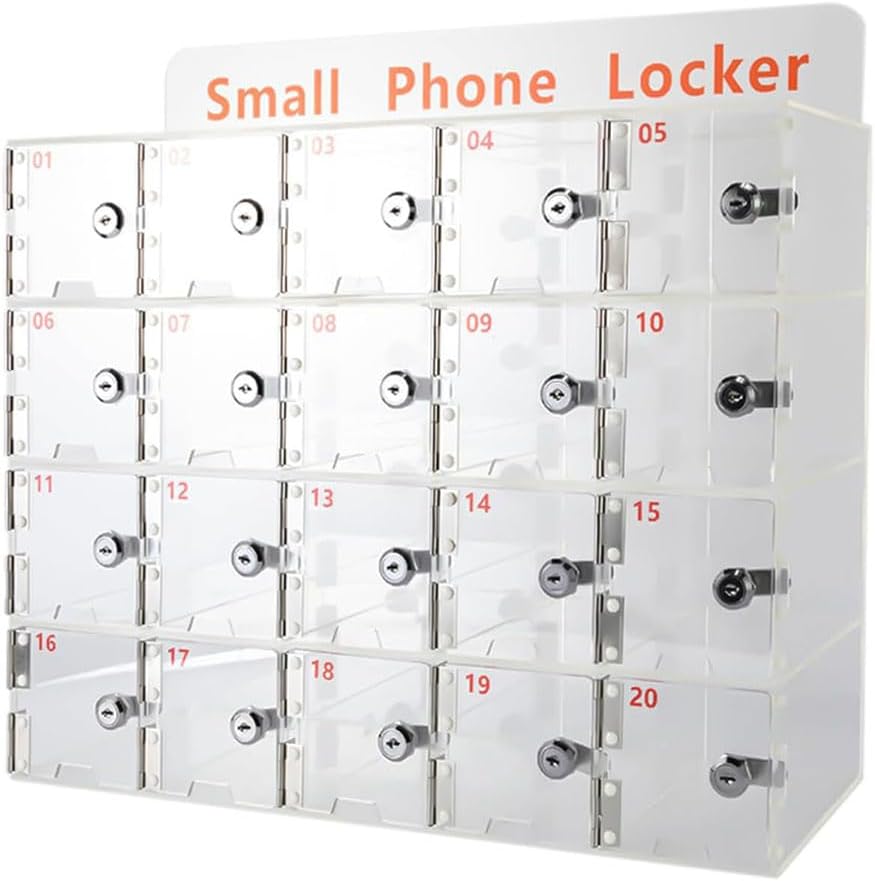 Acrylic Cell Phone Cabinet, Wall-Mounted Aluminum Alloy Cell Phones Pocket Storage Cabinet, Clear Cell Phone Storage Locker Box with a Locked for Schools Offices Employees Classroom (20 Slots)
