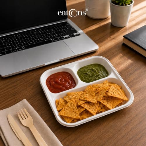 Image of EATONS White Bagasse 3-Compartment Disposable Meal Tray, 9 inch Pack of 5 | Eco-Friendly Compostable, Unbleached & Non-Toxic | Microwave & Freezer Safe, Leak-Proof | Party, Thali & Takeaway Plates