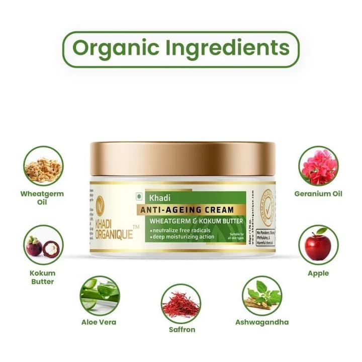 Image of Khadi Organique Anti Ageing Cream Wheat Germ & Kokum Butter Reduce Wrinkles & Fine Lines | Suitable for Men & Women of all Skin Types - 50gm