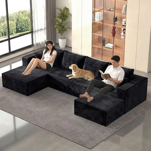 Image of 138 inch Modern Modular Sectional Sofa, U-Shaped Cloud Couch, Soft Corduroy Boneless Couch with 3060 High Rebound Memory Foam, Sectional Couches for Living Room-Black(Left Facing Chaise)