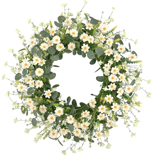 Pinkpum 22 Summer Daisy Wreath with Eucalyptus Leave Silk Flower White Berries Spring Summer Wreath for Front Door Wall Decor Outdoor Indoor Porch
