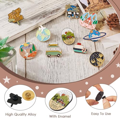 Image of 11Pcs Camping Enamel Pins for Backpacks Adventure Outdoors Lapel Brooch Pins Boat Landscape Mountain Moon Airplane Bus Car Shape Travel Theme Brooch Badges for Bags Hats Jacket Clothes Decor