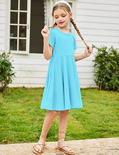 Arshiner Little Girls Short Sleeve A Line Casual Skater Dress, Blue, 140(Age For 10-11Y) #TOP2