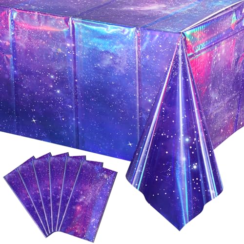 Image of 6Pcs Iridescent Space Tablecloths, Disposable Plastic Purple Galaxy Table Cloth Rectangle Table Covers for Space Starry Night Star Theme Party Birthday Party Decorations, 54x108 Inch