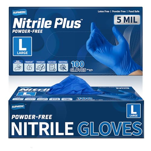 Supmedic Nitrile+ Disposable Gloves 5 Mil Powder-Free Latex-Free Food Safe Non-Sterile Exam Cooking Cleaning Gardening Glove (Large)