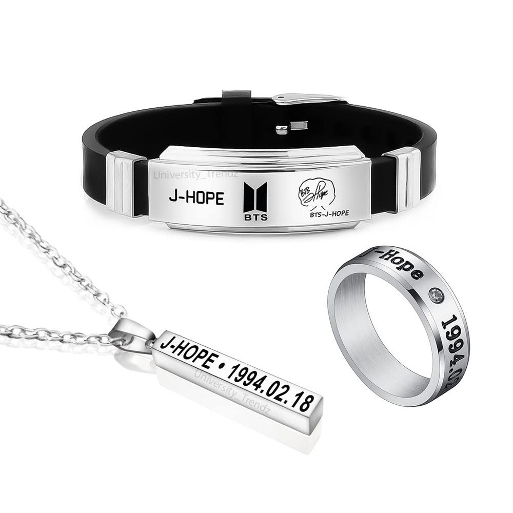 University Trendz Unisex BTS Fan Combo - J Hope Signature Silicon Bracelet, Name & DOB Engraved Stainless Steel Ring & Bangtan Kpop Bar Pendant Necklace (Pack of 3) (B09NDD3V2R) Amazon Price History, Amazon Price Tracker