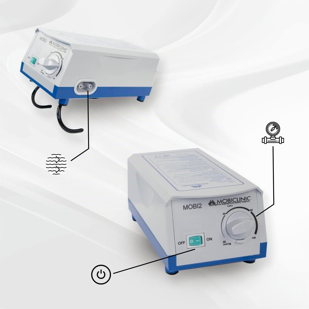 Mobiclinic®, Mobi 2, Matelas Anti-escarres avec Moteur à compresseur, pour escarres Grade i et II, Air alterné, Marque européenne, Nylon PVC médical ignifugé, 20 alvéoles, Couleur Bleu
