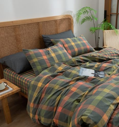 Vm Vougemarket Plaid Duvet Cover Set Queen Washed Cotton Reversible Bedding Multicolor Buffalo Grid Duvet Cover With 2 Pillowcases For Men Women thumb #2