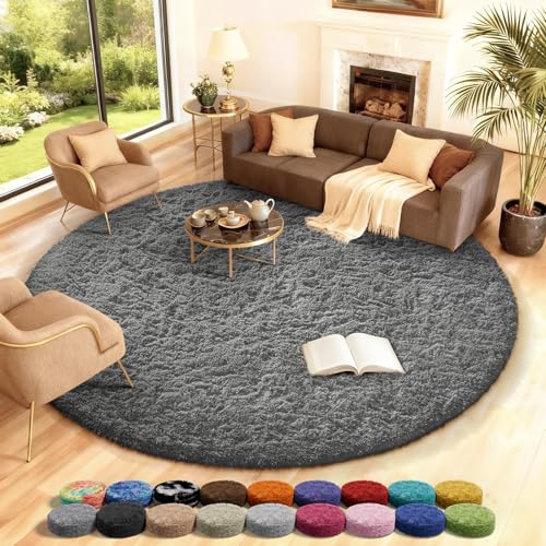 Ophanie Round Rug 8Ft Grey Circle Area Rugs, Large Fluffy