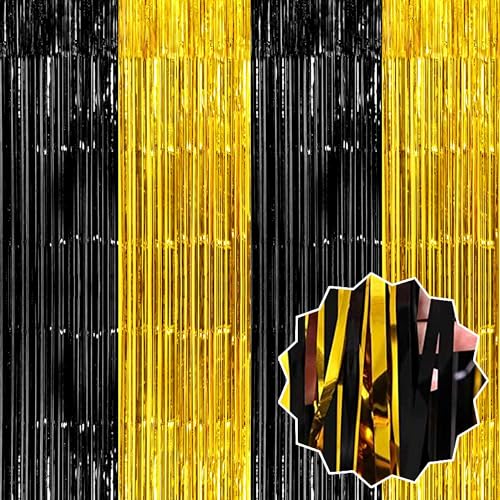 Image of 3 Pack Black and Gold Foil Fringe Curtains Backdrop, 3.28 x 9.8 Ft Metallic Streamers Tinsel Curtains Background for Photo Booth, Birthday, Halloween, Christmas, New Year Party Decorations