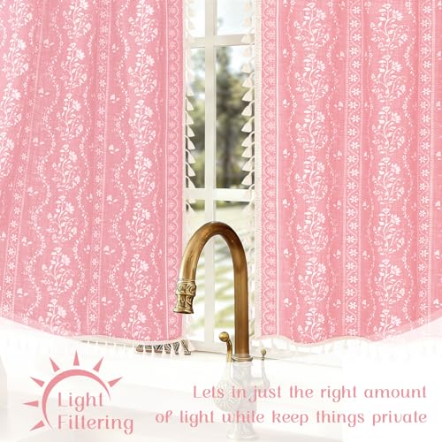 Image of Yinhua Boho Kitchen Curtains 36 Inch Length Vintage Linen Cafe Curtains Light Filtering Bohemian Floral Tier Rod Pocket Farmhouse Rustic Tassel Small Drapes with Tiebacks, 2 Panels, Pink