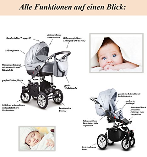 17 teiliges Qualitäts-Kinderwagenset - Reisesystem 4 in 1"COSMO": Kinderwagen + Buggy + Autokindersitz + Iso Base + Schwenkräder - Mega-Ausstattung - Farbe (C-48) CREME-BEIGE-MOCCA