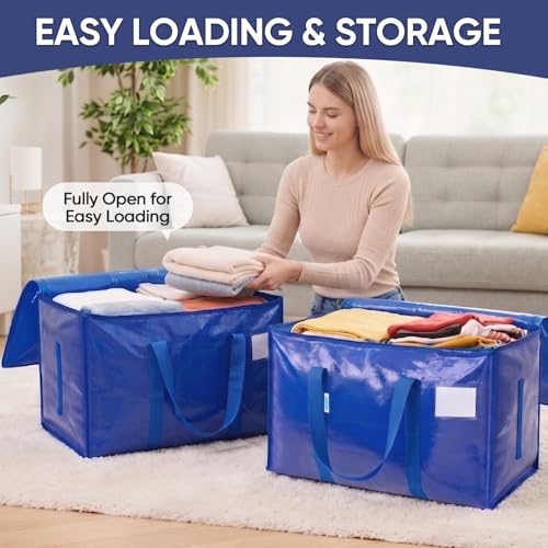 Image of TICONN 12 Pack Extra Large Moving Bags Heavy Duty with Zippers & Carrying Handles, Durable Storage Bags Moving Boxes for Closet Organizers and Storage (12 Pack, Blue)