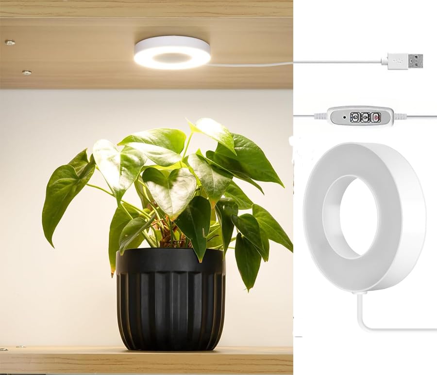 Ceiling Grow Light for Indoor Plants, Full Spectrum LED Halo Plant Light,Automatic Timer 3/9/12H,4 Dimmable Brightness Levels,5V Safe Voltage Growing Lamp,Ideal for Small Plants (Stickers)