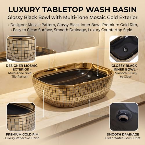 Image of InArt Luxury Tabletop Wash Basin, 455 x 325 x 135 mm, Glossy Black Ceramic Bowl with Multi-Tone Mosaic Gold Exterior, Countertop Bathroom Basin, Non-Overflow, Polished Gold Rim