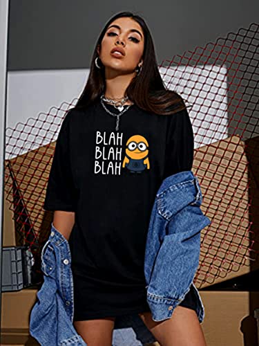 Image of MyTees Pure Cotton Oversized T Shirts for Women Casual Printed Baggy Oversized Round Neck Drop Shoulder Tshirt Black T-Shirt Size S to XL