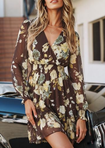 Image of Prettywear Women's Chiffon Long Sleeve Wrap Neck Wedding Guest Mini Dress