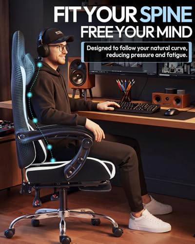 Image of Dowinx Ergonomic Gaming Chair with Footrest & Massage Lumbar, 2D-Linkage Armrests for Computer Chair 330lbs with Headrest Pillow for Office, Home, Streaming and Long Gaming Sessions, Fabric White