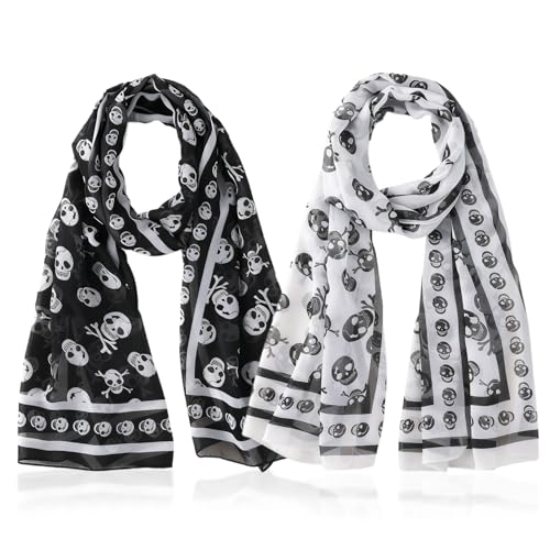 SAIIURV 2 Pièces Motif Tete de Mort Foulard en Mousseline pour Femme Filles, 50x150 cm Mode Cou Echarpe Châles Tête de Mort Echarpes pour Costume Fête Quotidienne (2 Couleurs)