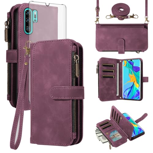 Téléphone case Huawei P30 Pro antichoc, étui housse à rabat porte-carte et chaîne bordeaux