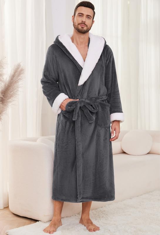 Vulcanodon Mens Ultra Soft Plush Bathrobe with Hood, Warm Fleece Robe with Pockets Spa Robes for Men Cozy Fluffy Fuzzy2