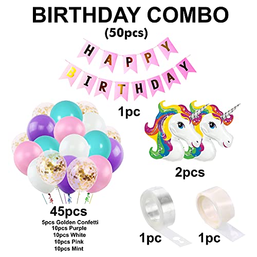 Image of Party Propz 50 Pcs Unicorn Theme Birthday Decoration Kit - Unicorn Birthday Decoration for Girls, Decorations Kit For birthday Girls, Kids birthdays decorations Item with Balloons & Banner