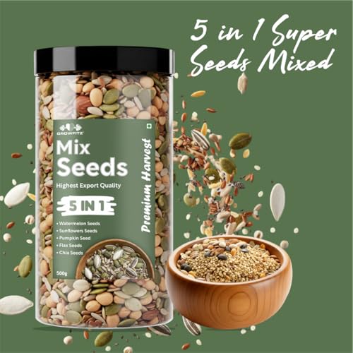 Image of Growfitz 5-in-1 Super Seed Mix | 500g | 20.5g High Protein & Fiber | Roasted Pumpkin, Sunflower, Flax, Chia, Soy Nuts & Sesame | Healthy Snack | Export Quality Superfood