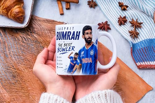 Image of Cricket Theme Coffee Mug IPL Edition - Stylish Helicopter Shot Print Cup - Gift for Cricket Fans, Boys & Friends (jasprit bumrah, Large)