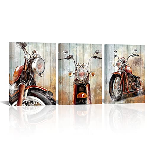 Aiqiulvyo Retro Old Motorcycles Mechanical Vehicle Wall Art - Red Motocross Canvas Art Frame Painting For Men's Bedroom Living Room Bathroom Playroom Art Wall Decor 12X16Inchx 3 Panels #TOP24