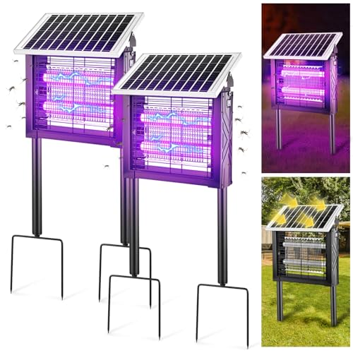 Mysora 2 piezas de exterminador solar de insectos para exteriores con panel giratorio, 3000 V eléctrico, impermeable, 200 W de doble tubo, lámpara asesina de mosquitos, atrayente UV de 395 nm