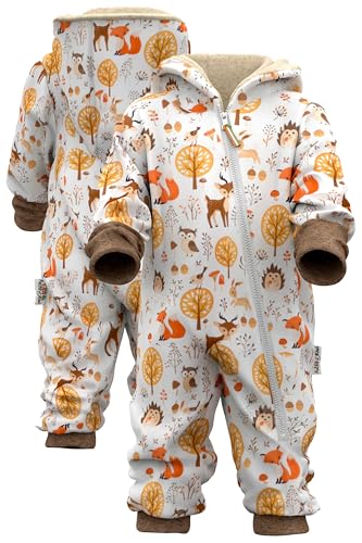 Fuchs & Kiwi Softshelloverall Baby mit Kapuze – Regenoverall mit Fleece gefüttert – Öko-Tex – Handmade in Berlin – Softshellanzug Kinder & Kleinkind (DE/NL/SE/PL, Numerisch, 74, 80, Waldtiere creme)