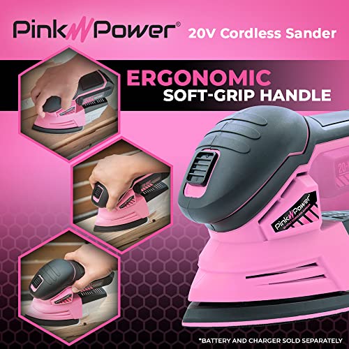 Pink Power 20V Electric Cordless Drill Driver, Detail Palm Sander, Stick Vacuum Cleaner & Tool Bag - Power Drill Set for Women, Hand Sander for Wood & Handheld Vacuum for Pet Hair Carpet & Hard Floor