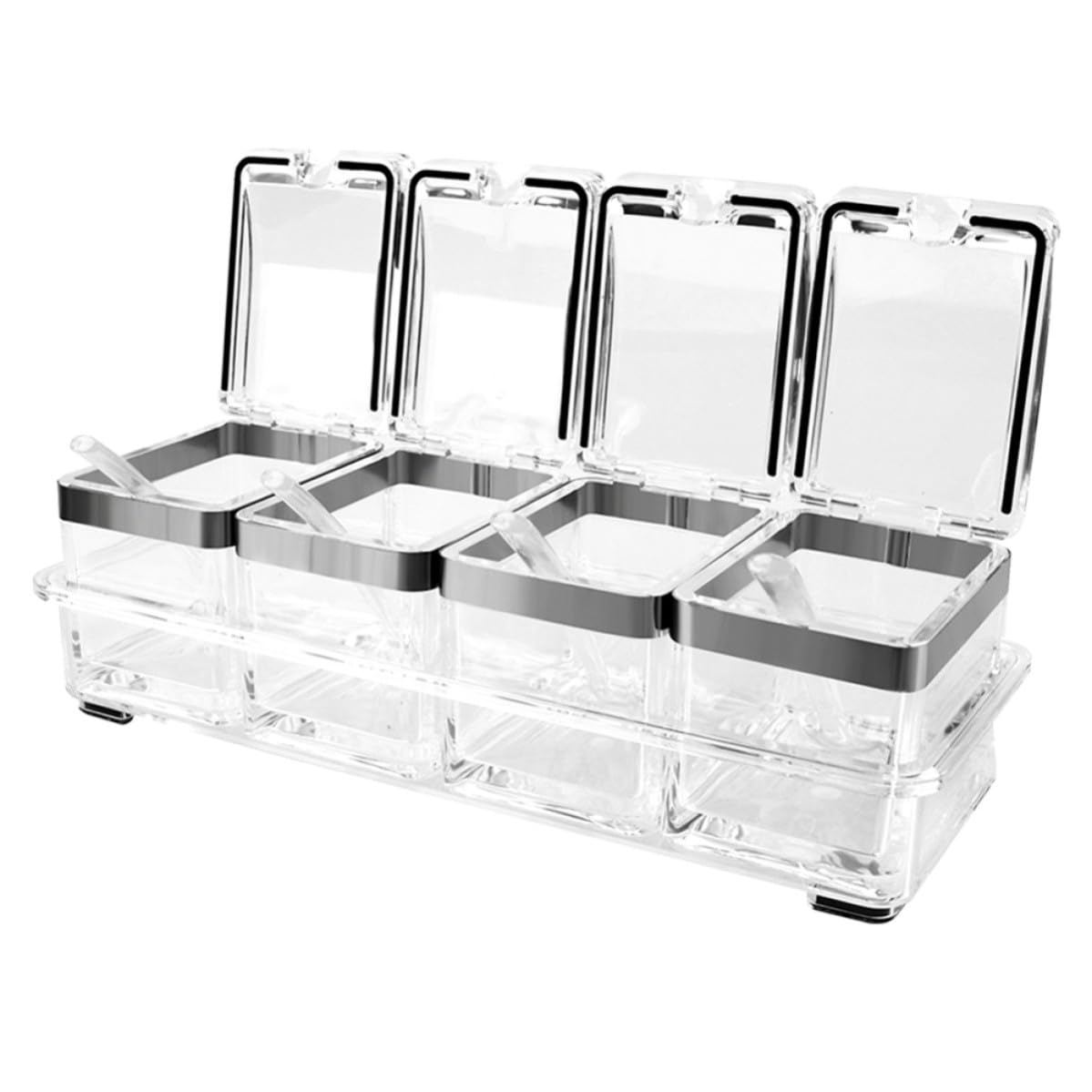 ABOOFAN Set Assaisonnement Cuisine 4 Pots à Épices en Acrylique et Acier Inoxydable, Boîte à Épices Couvercle et Plateau, Support Suspendu pour Crémaillère