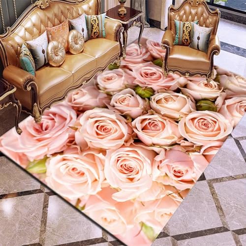 Bereichsteppich,3D-Teppich Rosa Rosenpflanze Entscheidender Moment Gedruckt Wohnkultur rutschfest Weich,Kinderzimmer-Teppich - Polyester-Soft-Touch 120 X 160 cm -9J6N7X5T3N9F0