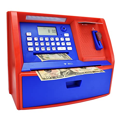 ApgBnk ATM Savings Bank with Debit Card , Electronic Piggy Bank for Real Money, Coin Recognition, Targets Setting, Password Login, Voice Prompt, Great Gift for Boys Girls (Blue/Red)